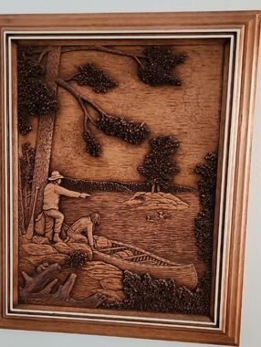 Kim Murray Carved Wood Canoe Scene Wall Art